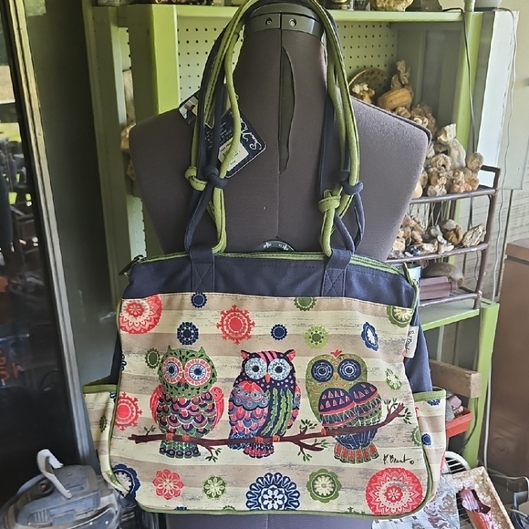 Blue and Green Patterned Tote Bag with Geometric and Floral Designs - Picture 1 of 8